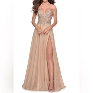 La Femme | V-neck embellished bodice fit-and-flare dress